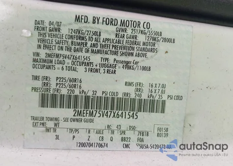 2007 Mercury Grand Marquis Ls z USA, uszkodzony, nr VIN 2MEFM75V47X641545